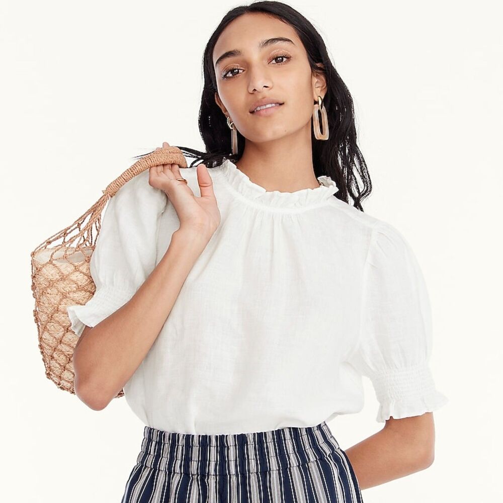 NWT J Crew White Smocked Puff-Sleeve Linen Top Womens XL